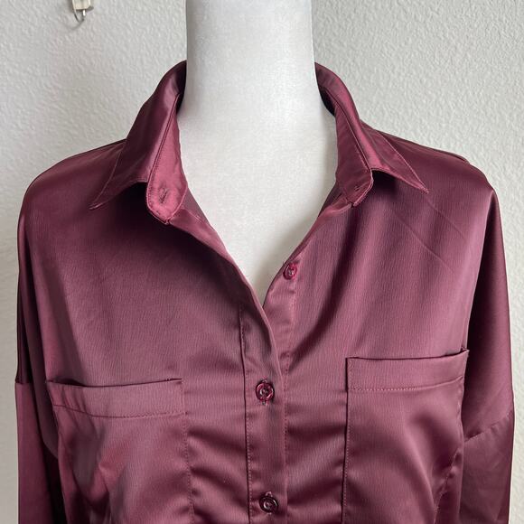 Nasty Gal Dark Red Oversized Button Down Shirt Women's 4 Shimmer Long Sleeves - Picture 2 of 7